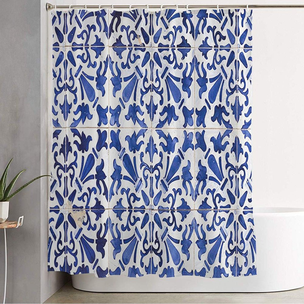 Starobos Shower Curtain Architecture Geometric Traditional Ornate Portuguese Tiles Decoration Azulejos Textures Objects Home Bathroom Decor Polyester Fabric Waterproof 72 x 72 Inch Set with Hooks