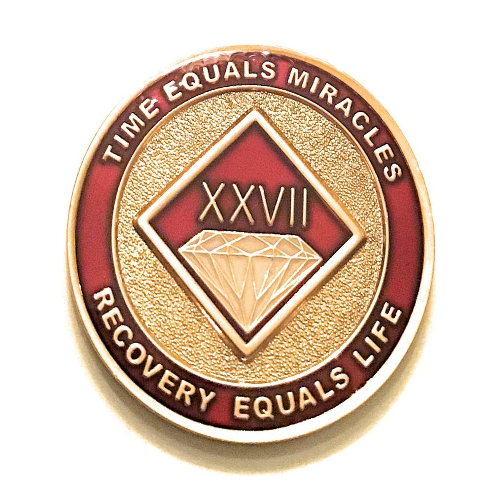 27 Year NA Burgundy & Gold Diamond Style Recovery, Clean, Medallion, Chip, Coin, Token
