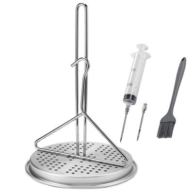BOHK Perforated Aluminum Turkey Chicken Poultry Deep Frying Rack with Chrome Finish Wire Handle Lifter Hook Seasoning Injector Silicone Brush