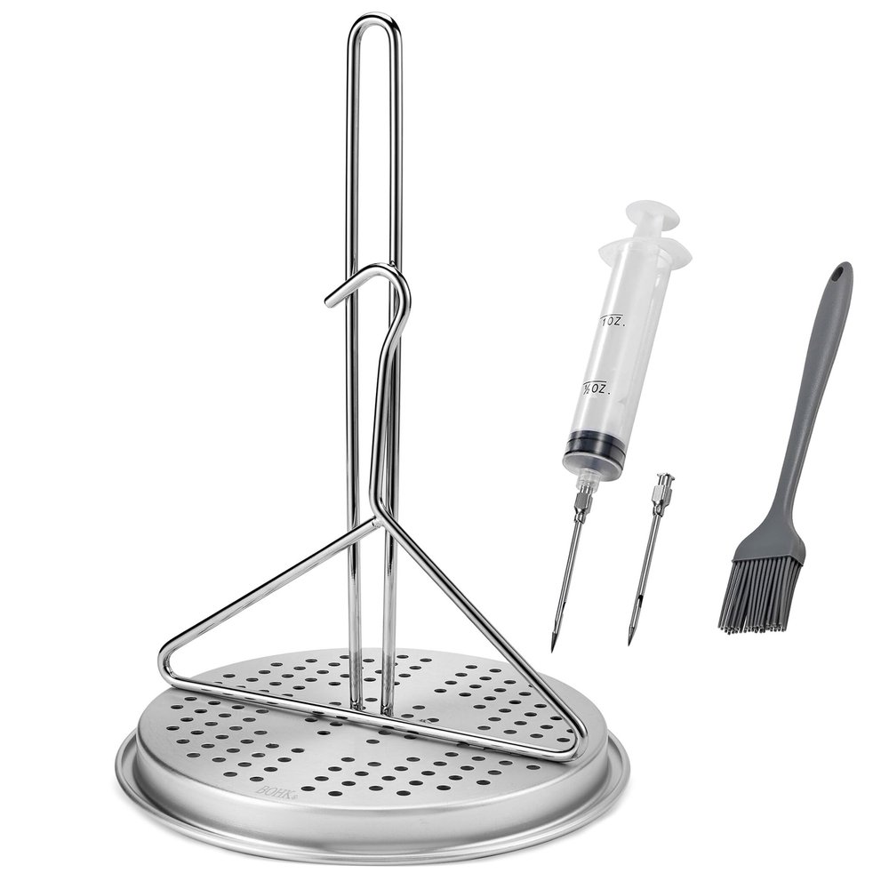 BOHK Perforated Aluminum Turkey Chicken Poultry Deep Frying Rack with Chrome Finish Wire Handle Lifter Hook Seasoning Injector Silicone Brush