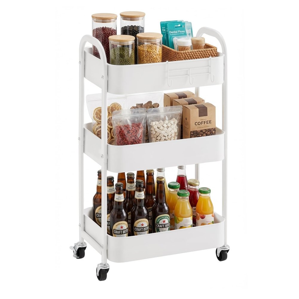 MAX Houser 3-Tier Rolling Utility Cart with Caster Wheels,Easy Assembly, for Kitchen, Bathroom (White)