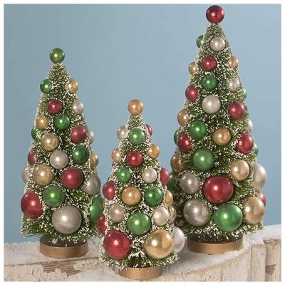 Bethany Lowe Set/3 Retro Bottle Brush Beaded Christmas Trees Red White Green Tabletop Decor