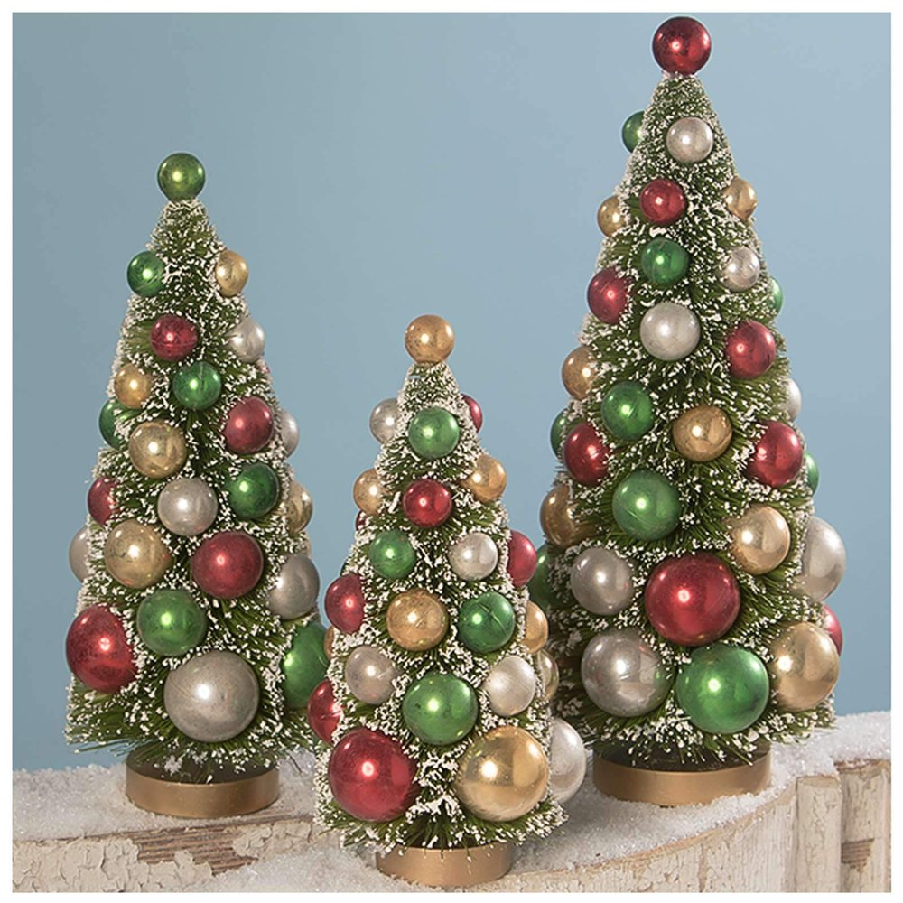 Bethany Lowe Set/3 Retro Bottle Brush Beaded Christmas Trees Red White Green Tabletop Decor