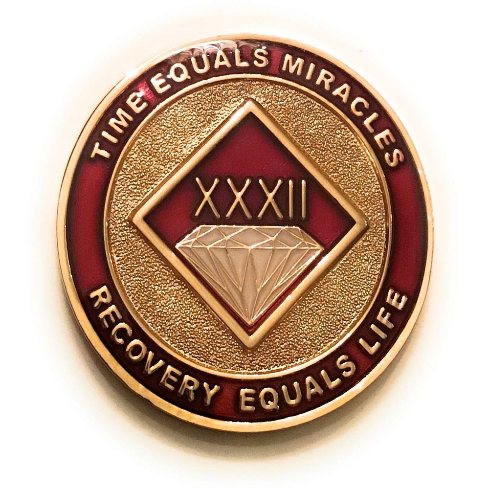 32 Year NA Burgundy & Gold Diamond Style Recovery, Clean, Medallion, Chip, Coin, Token
