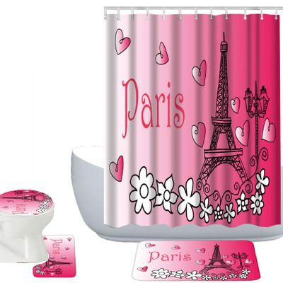 Amagical Paris Eiffel Tower Pattern with Hot Pink Heart Romantic Pattern 16 Piece Bathroom Mat Set Shower Curtain Set Vintage Bath Mat Contour Mat Toilet Cover Shower Curtain with 12 Hooks