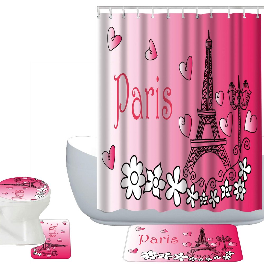 Amagical Paris Eiffel Tower Pattern with Hot Pink Heart Romantic Pattern 16 Piece Bathroom Mat Set Shower Curtain Set Vintage Bath Mat Contour Mat Toilet Cover Shower Curtain with 12 Hooks
