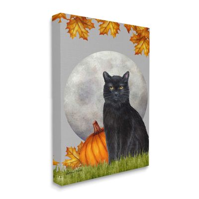 Stupell Industries Black Cat and Full Moon Autumn Leaves Pumpkins