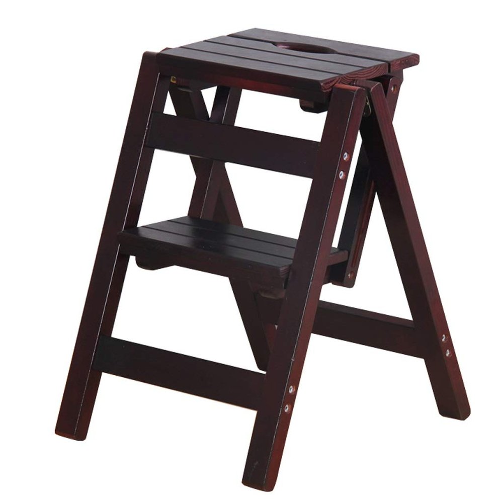 ZHZ-DT Step Stool Wooden Ladder Stool 2 Steps Multifunction Foldable Ladders Chair Rack Folding Stepladder Stairway Chairs for Home Kitchen Library, Black Walnut