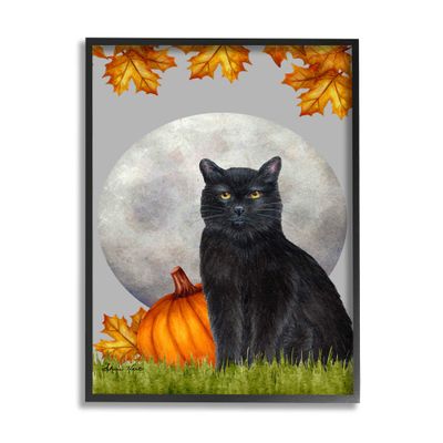 Stupell Industries Black Cat and Full Moon Autumn Leaves Pumpkins