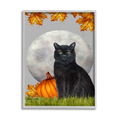 Stupell Industries Black Cat and Full Moon Autumn Leaves Pumpkins, Design by Sheri Hart Grey Framed Wall Art, 16 x 20