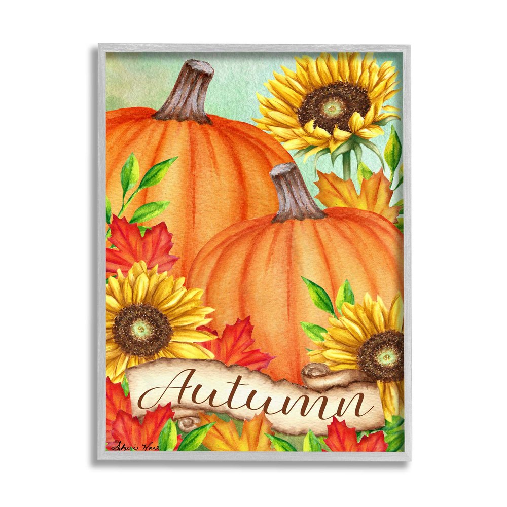 Stupell Industries Autumn Pumpkins with Sunflowers Red Leaves