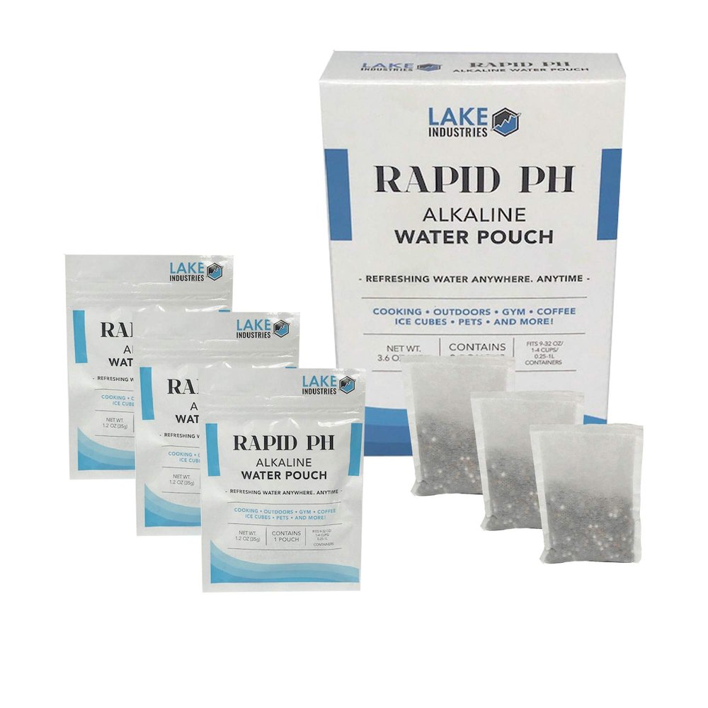 Lake Industries Rapid pH Alkaline Water Filter Pouches - Portable Water Filter System Purifier Infuser for Your Water Bottle, Pitcher, Jug Container- High pH Ionized Water 3 Pack(Net 900 Cups/48 gal)