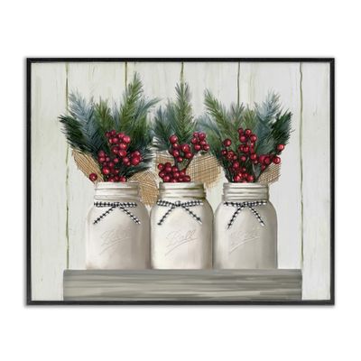 Stupell Industries White Country Jars with Christmas Berry Bouquets, Design by Ziwei Li Black Framed Wall Art, 16x20