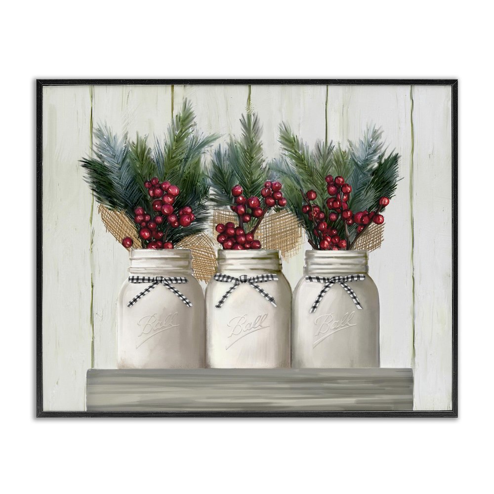 Stupell Industries White Country Jars with Christmas Berry Bouquets, Design by Ziwei Li Black Framed Wall Art, 16x20