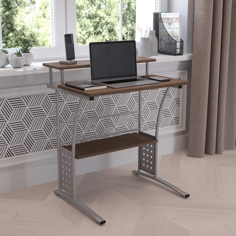 BizChair Rustic Walnut Computer Desk with Top and Lower Storage Shelves