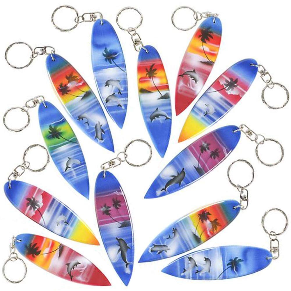 ArtCreativity Wooden Surfboard Keychains, Set of 12, Fun Key Chains for Backpack, Purse, Luggage, Great Summer Party Favors for Luau, Beach, and Pool Parties, Cool Goodie Bag Fillers for Kids