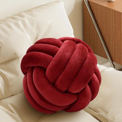 Knot Pillow Ball, Fluffy Handmade Decorative Throw Pillow, Soft Round Knotted Cushion for Couch & Bedroom, Cute Home Decor Ball Pillow for Living Room (7.87 Inches, Dark Red)