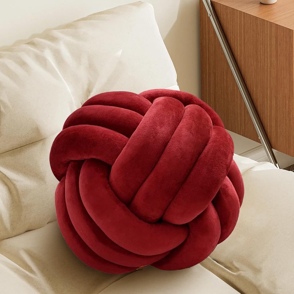 Knot Pillow Ball, Fluffy Handmade Decorative Throw Pillow, Soft Round Knotted Cushion for Couch & Bedroom, Cute Home Decor Ball Pillow for Living Room (7.87 Inches, Dark Red)