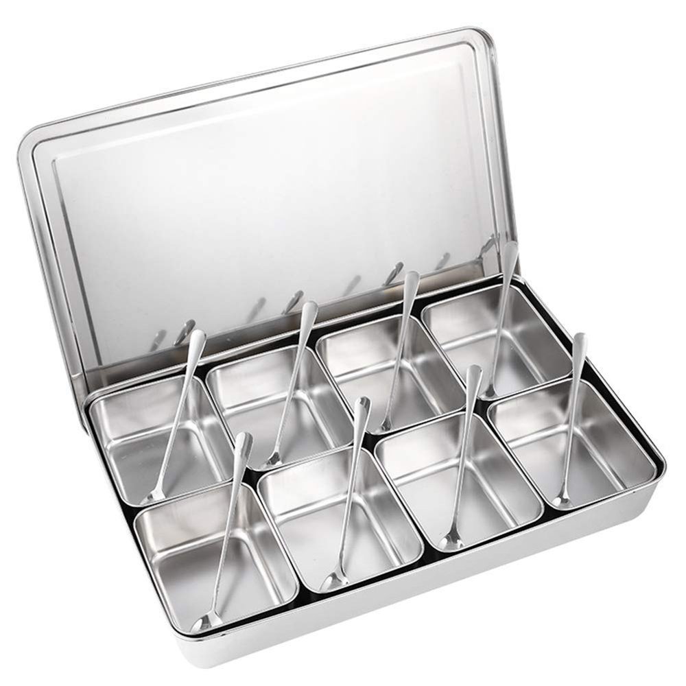 Seasoning Box Set, 8-Grid Stainless Steel Seasoning Box Condiment Storage Containers Jar Kitchen Utensils