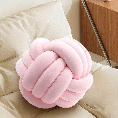 Pink Knot Pillow Ball, Fluffy Handmade Decorative Throw Pillow, Soft Round Knotted Cushion for Couch & Bedroom, Cute Home Decor Ball Pillow for Living Room (7.87 Inches)