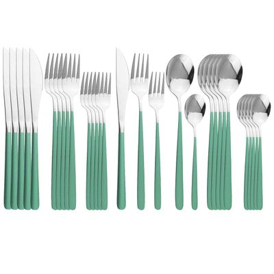 Uniturcky 304 Stainless Steel Flatware Service For 6, Green Silver Utensils Sets Cutlery,Resuable Tableware Set Including Dinner Knife Fork Spoon 30-Piece Silverware Set For Camping Wedding