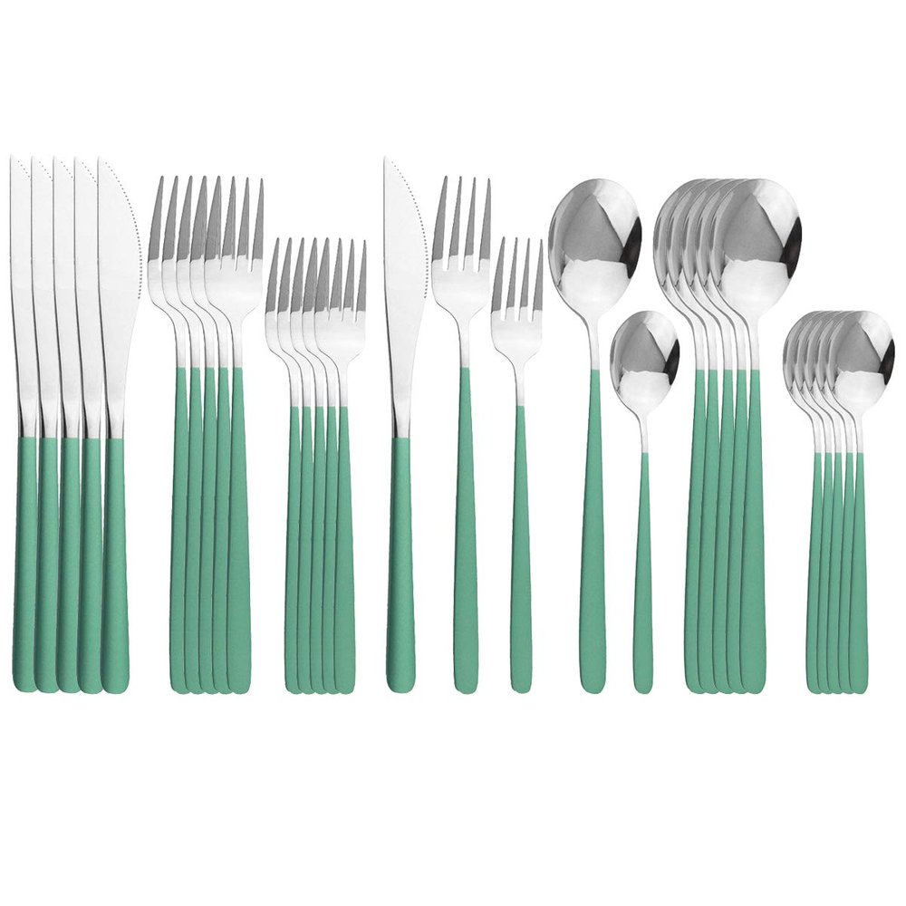 Uniturcky 304 Stainless Steel Flatware Service For 6, Green Silver Utensils Sets Cutlery,Resuable Tableware Set Including Dinner Knife Fork Spoon 30-Piece Silverware Set For Camping Wedding