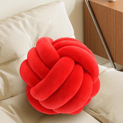 Red Knot Pillow Ball, Fluffy Handmade Decorative Throw Pillow, Soft Round Knotted Cushion for Couch & Bedroom, Cute Home Decor Ball Pillow for Living Room (7.87 Inches)