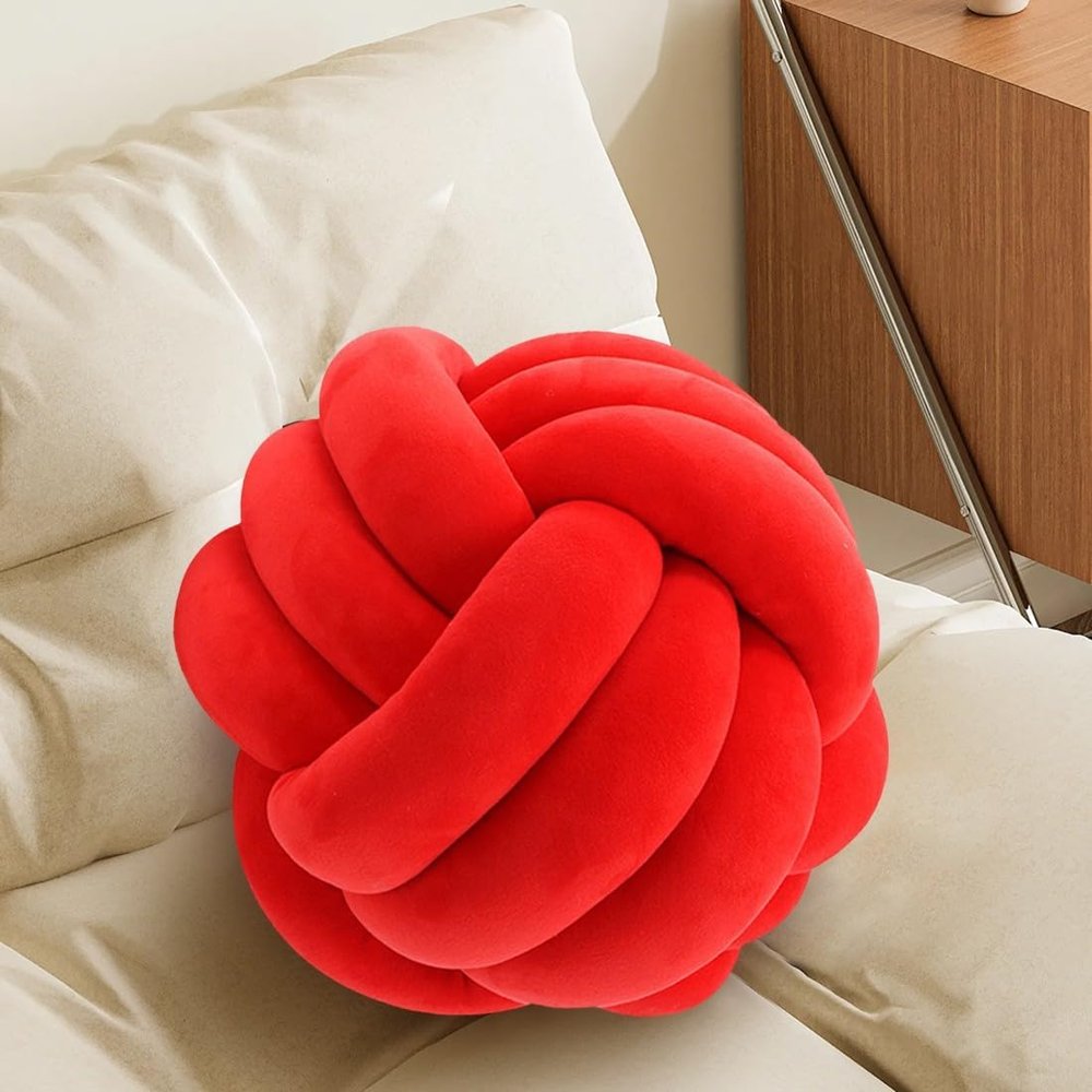 Red Knot Pillow Ball, Fluffy Handmade Decorative Throw Pillow, Soft Round Knotted Cushion for Couch & Bedroom, Cute Home Decor Ball Pillow for Living Room (7.87 Inches)