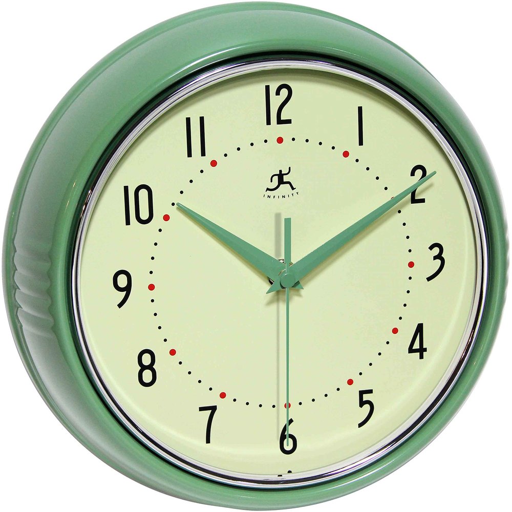 Infinity Instruments LTD. Retro 9 inch Silent Sweep Non-Ticking Mid Century Modern Kitchen Diner Wall Clock Quartz Movement Retro Wall Clock Decorative (Green)
