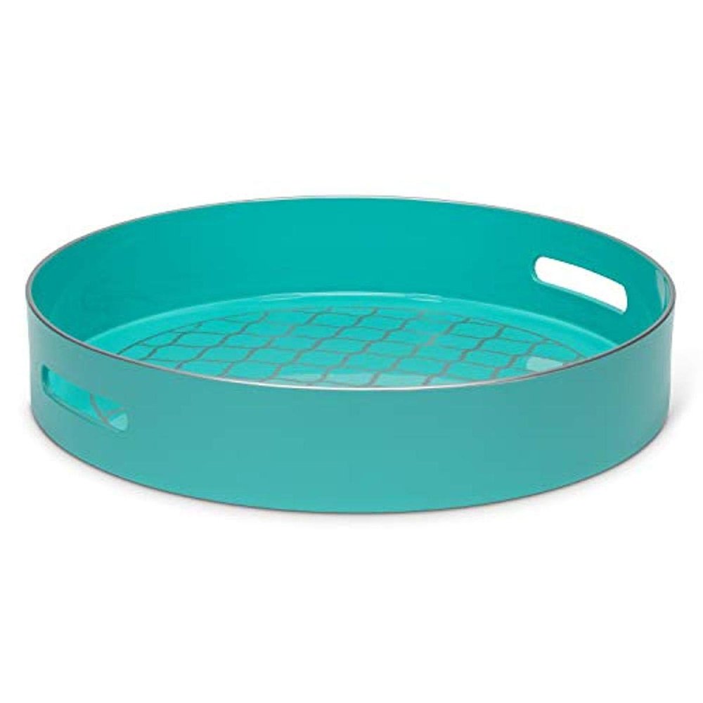 Abbott Collection 27-GLOSS-RD-03 Glossy Round Tray, 15.5 inches D, Turquoise/Silver