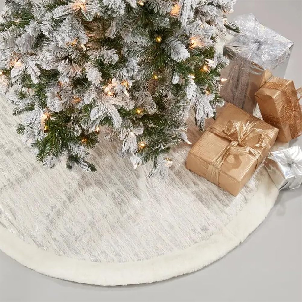 Fennco Styles Holiday Brushed Foil Print Faux Fur Christmas Tree Skirt 72 inch Round - Silver Metallic Design Tree Skirt for Home, Holiday Tree, Indoor and Special Occasion
