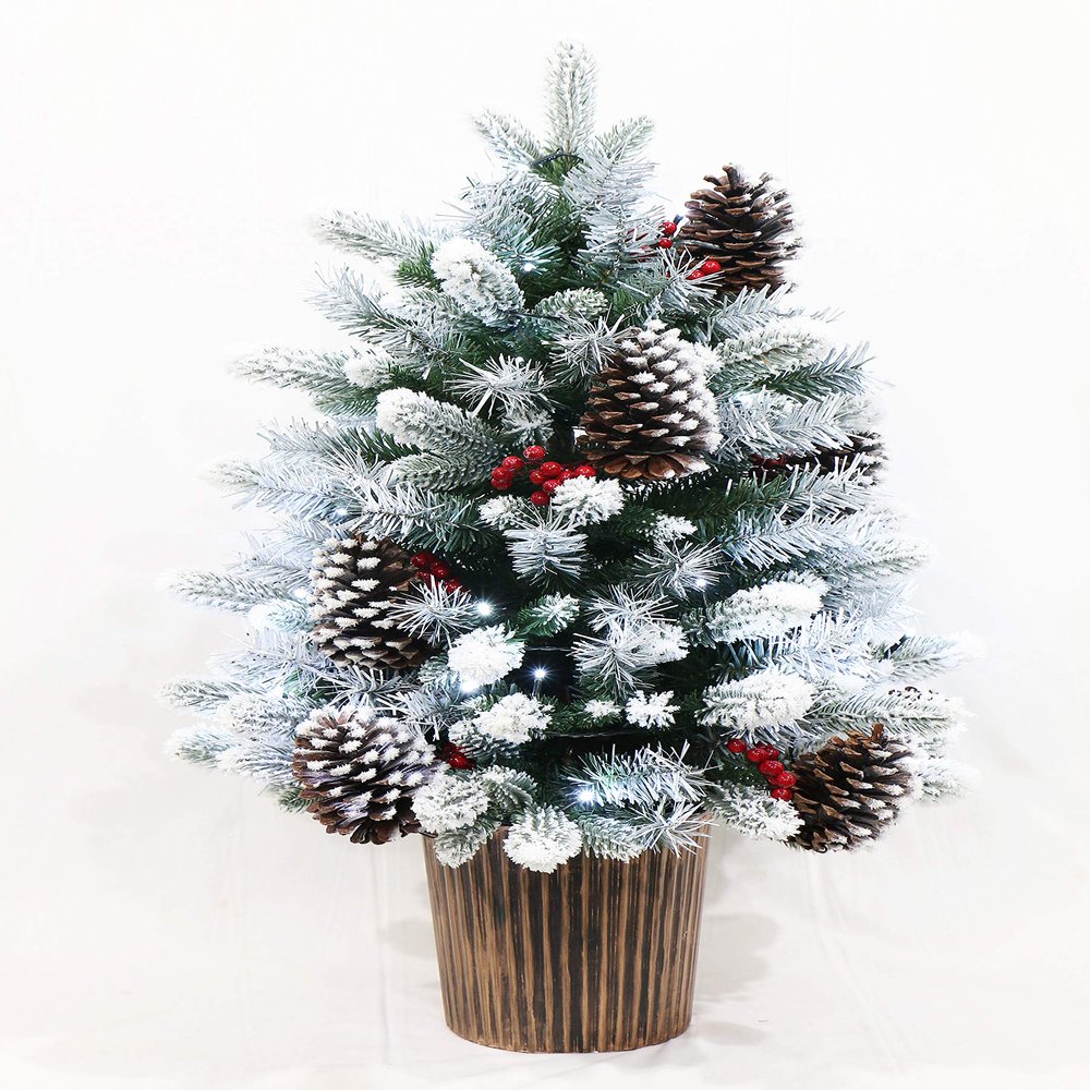 HOLIDAY STUFF 3' Potted Frosted Winter Spruce Tabletop Flocked Artificial Christmas Tree Pre-lit (3 Ft)