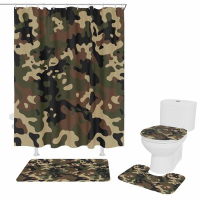 4 Pcs Camo Shower Curtain Set with Non-Slip Rug, Toilet Lid Cover, Bath Mat and 12 Hooks, Waterproof Shower Curtain Set for Bathroom - Forests Military Army Camouflage Pattern Uniform Style