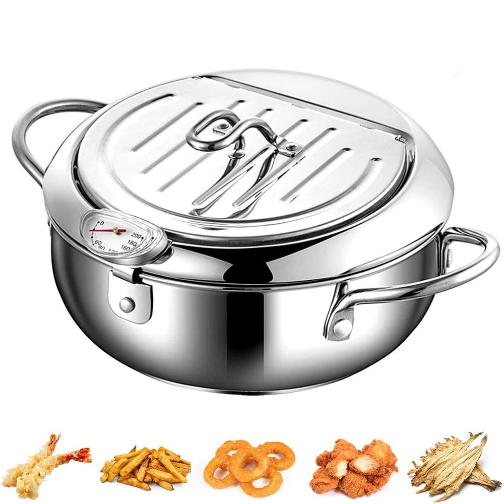 Alfaview Stainless Steel Tempura Deep Fryer Pot with Thermometer and Oil Drip Rack Lid , Japanese Deep Frying Pot for Chicken French Fries Fish and Shrimp Oil Frying Pan (Silver, 2200ml)