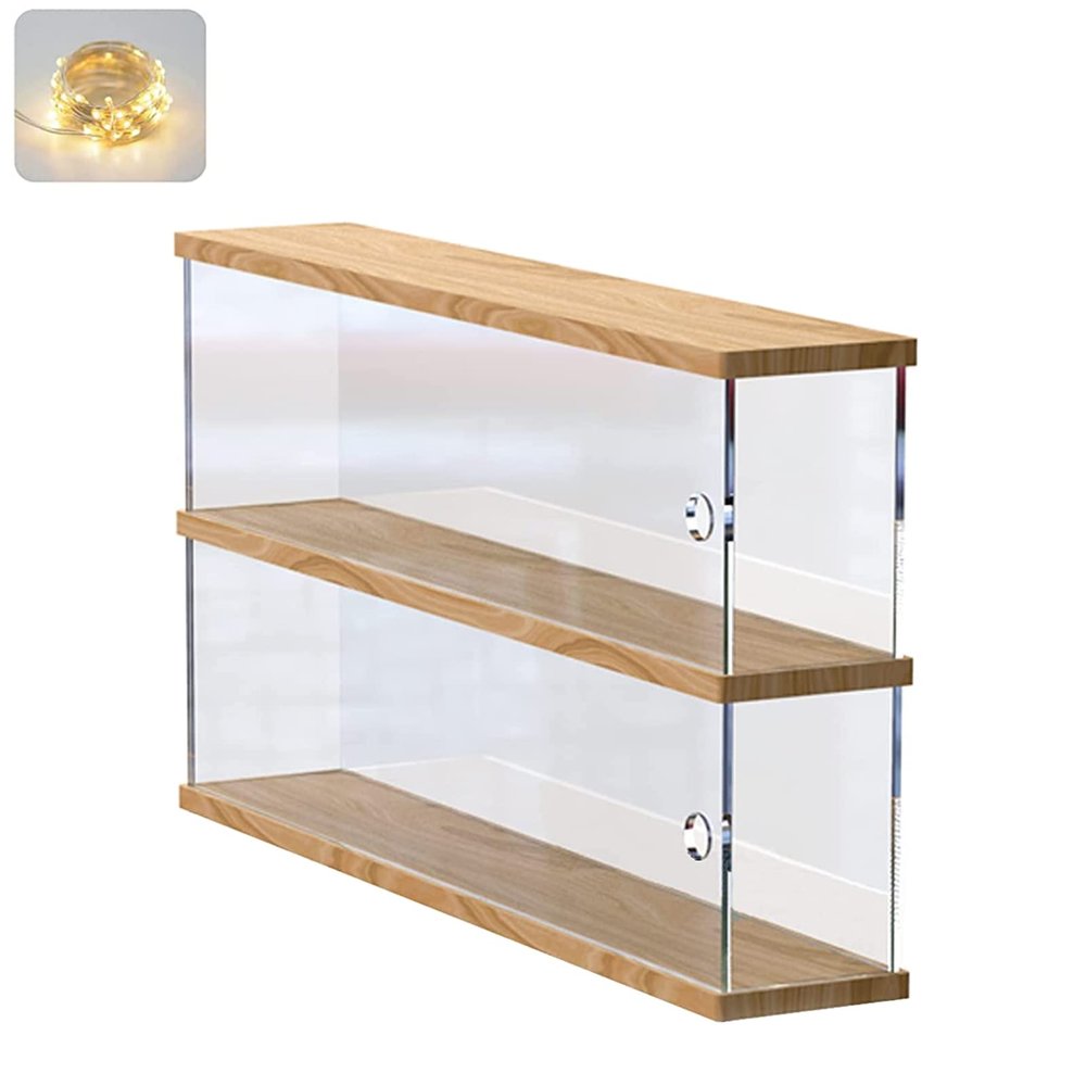 Clear Acrylic Display Shelf Case for Mini Funko Pop, Wooden Display Stand Riser 2 Layer Storage Rack for POP MART The Monsters Lazy Yoga Action Figures Collectibles Toys, 15.55" W x 3.78" D x 10.8" H