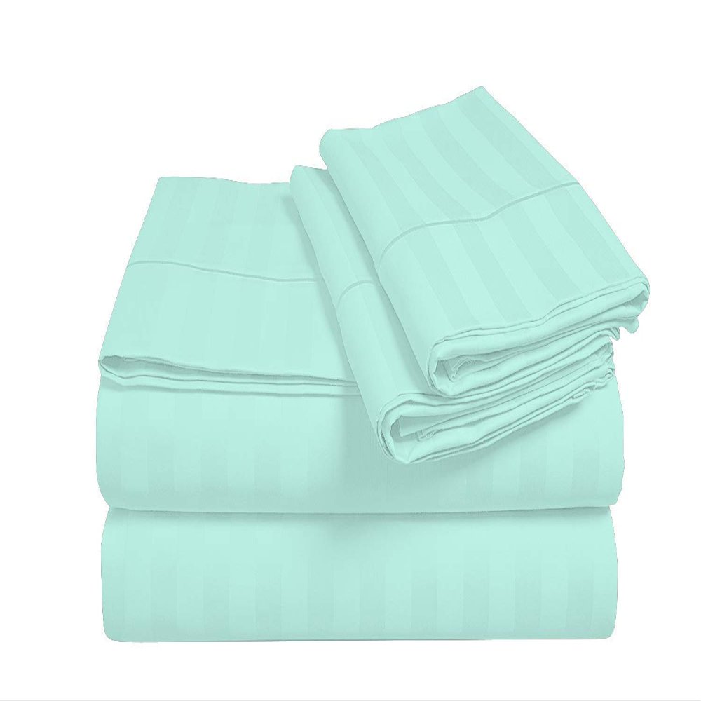 Fabricom Striped Flat Sheet Only - 800-Thread-Count TwinXL Size Aqua Blue Top Sheet - Best Premium Quality Sheet on Amazon - Luxury Soft 100% Egyptian Cotton Bedding, Lightweight and Breathable