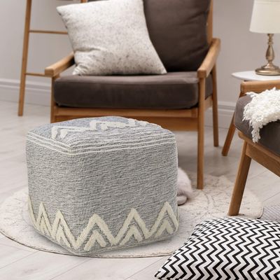 LR Home Gray/Ivory Geometric Hand-Woven Polyester Ottoman Pouf for Home Decor | Modern Transitional Foot Rest for Bedroom & Living Room Decor | 16 x 16 x 16 Stuffed Ottoman for Seating