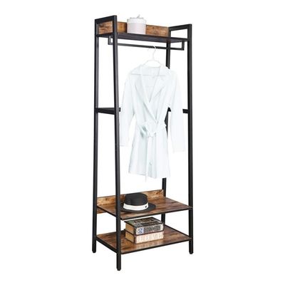 JJS 25.2" Entryway Coat Rack, Industrial Rustic Hall Tree Shoe Bench with Storage Shelves for Hallway, Wood Look Accent Furniture with Metal Frame, Rustic Brown