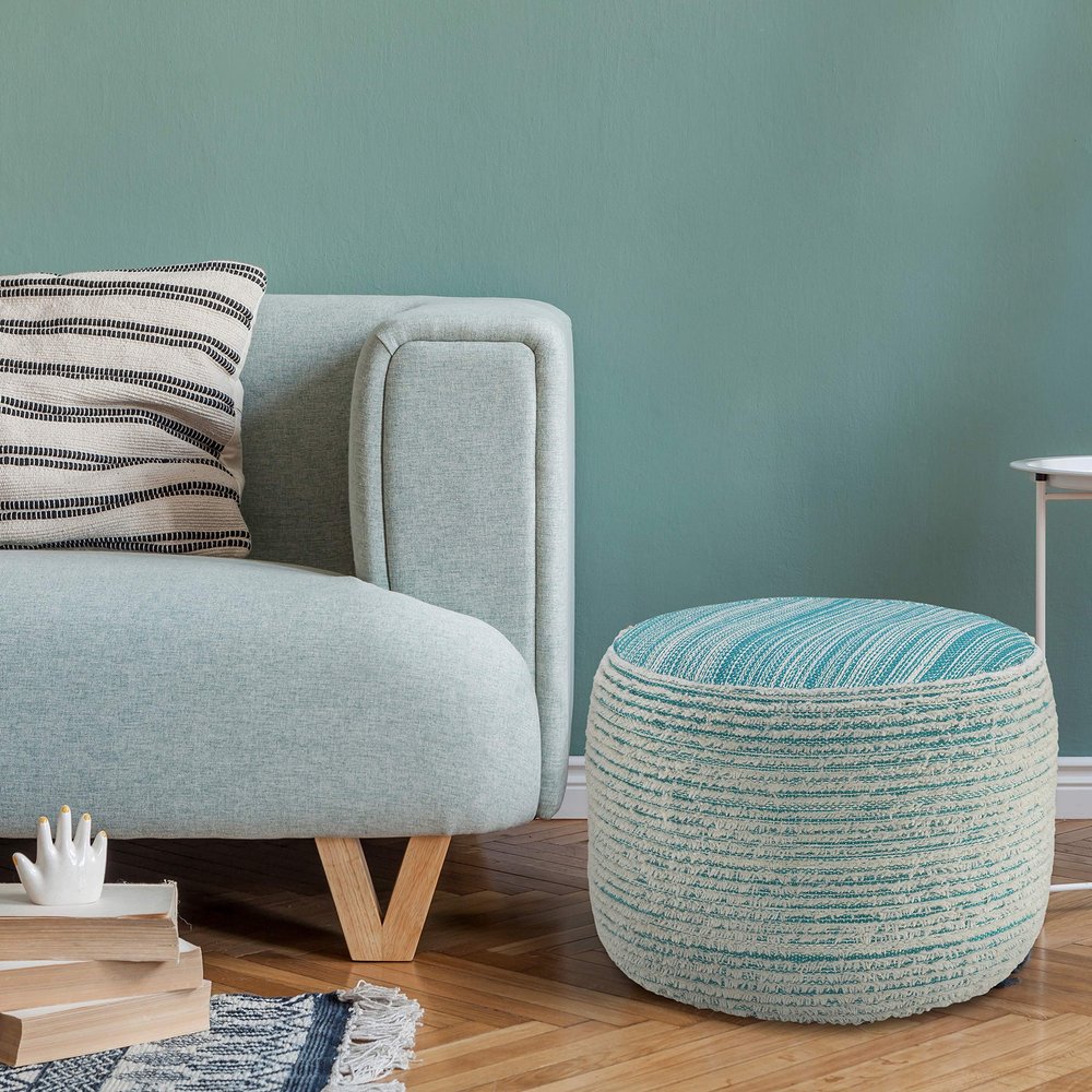 LR Home Indoor Polyester Modern Striped Ottoman Pouf | Aqua/White,18" x 18" x 14"