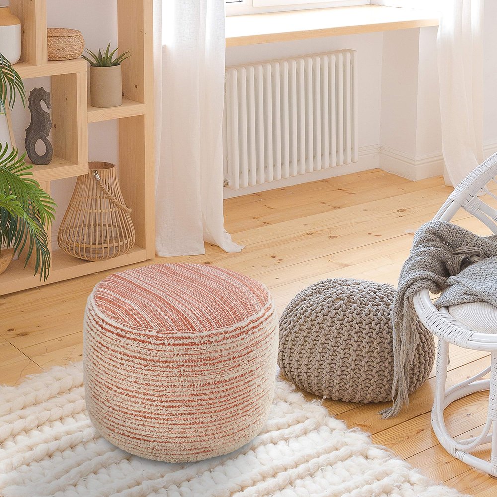 LR Home Indoor Polyester Modern Striped Ottoman Pouf | Coral/White,18" x 18" x 14"