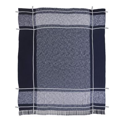 LR Home Minimal Modern Plaid Coverlet with Fringe - King, 90" x 108", Navy/White