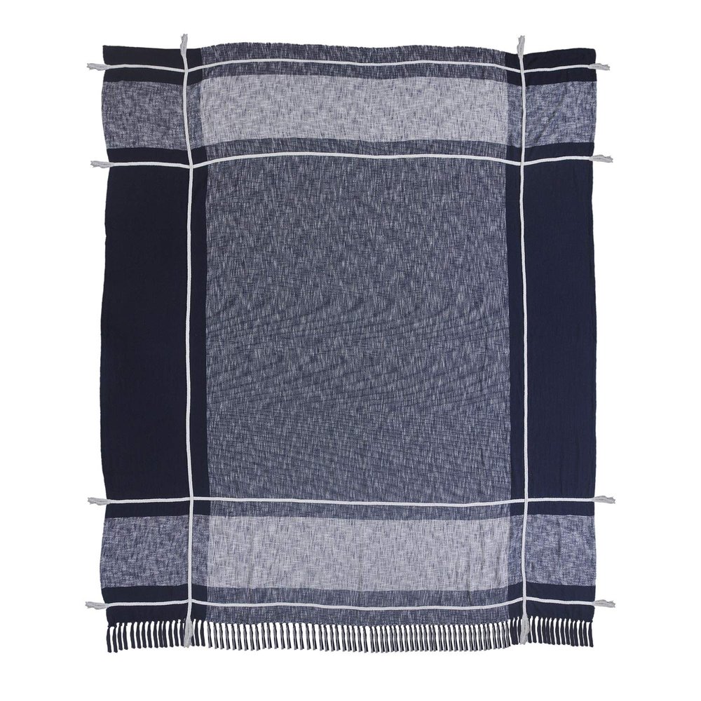 LR Home Minimal Modern Plaid Coverlet with Fringe - King, 90" x 108", Navy/White