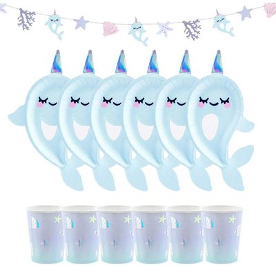 Luck and Luck Narwhal Party Pack for 6| Plates, Cups, Garland Bunting