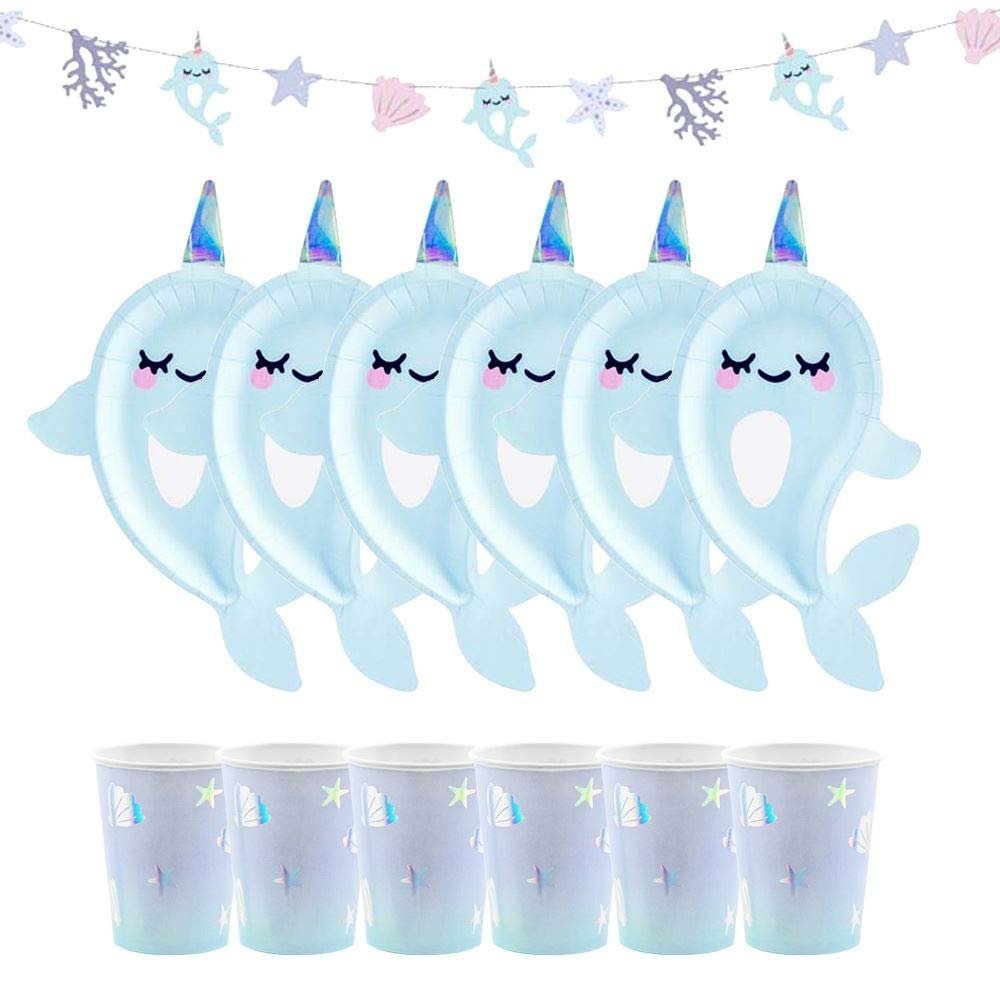 Luck and Luck Narwhal Party Pack for 6| Plates, Cups, Garland Bunting