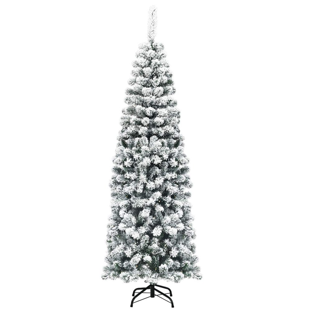 Goplus 6ft Snow Flocked Pencil Tree, Unlit Artificial Hinged Christmas Tree with Metal Stand, Slim Xmas Snowy Tree for Indoor and Outdoor Use