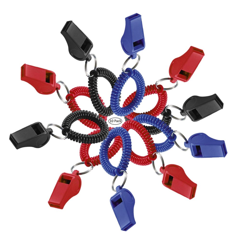 Lucky Line 2 Diameter Spiral Wrist Coil with Whistle Key Chain, Flexible Wrist Band Coach Teacher, Stretches to 12", Assorted 10 Pack (423100)