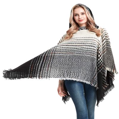 cloaks Plaid Hoodied Poncho Blanket Knitted Tassel Oversized Poncho with Hood Winter Fall Fashion Warm Sweater Coat Blanket Hoodie (DP4-02black&Grey)