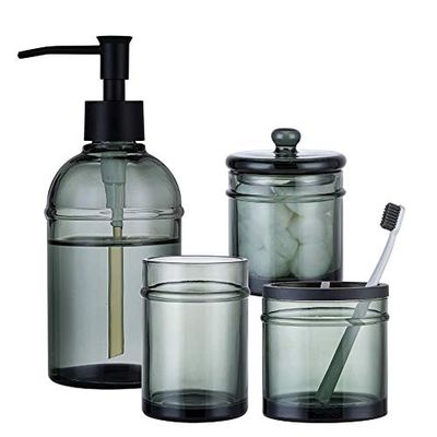 4-Piece Bathroom Accessories Set, Dark Smoke Gray Plastic Dispenser Set with Soap Pump, Toothbrush Holder, Cotton Swab Jar, and Tumbler for Modern Vanity Countertop Decor