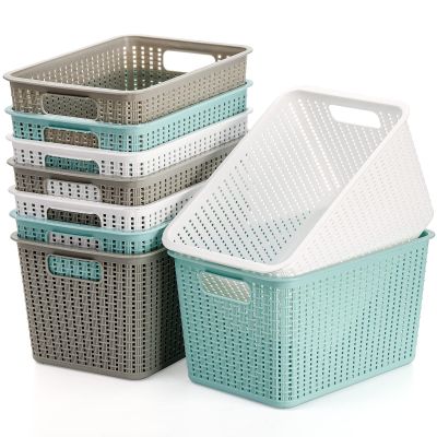 WUWEOT 9 Pack Plastic Storage Basket Bins Organizer, Cabinet and Shelf Basket with Handle,10" L x 6.8" W x 5.5" H, 3 Colors