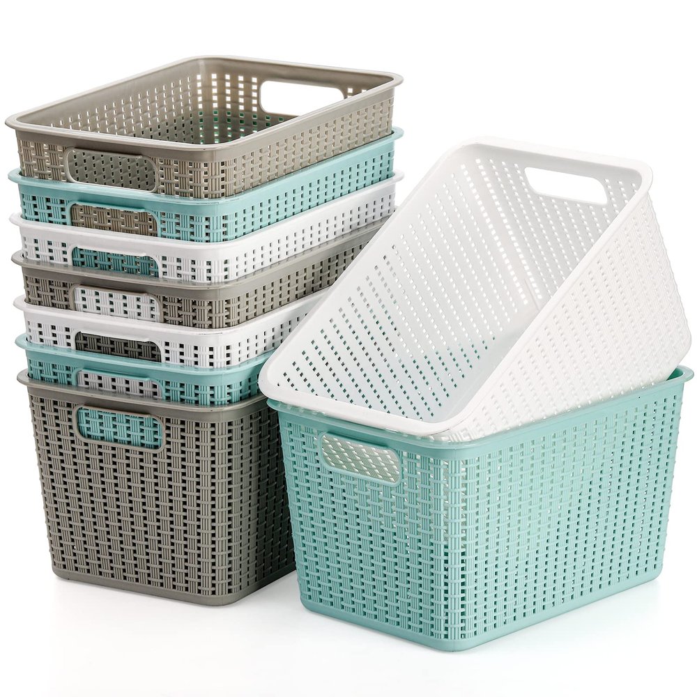 WUWEOT 9 Pack Plastic Storage Basket Bins Organizer, Cabinet and Shelf Basket with Handle,10" L x 6.8" W x 5.5" H, 3 Colors